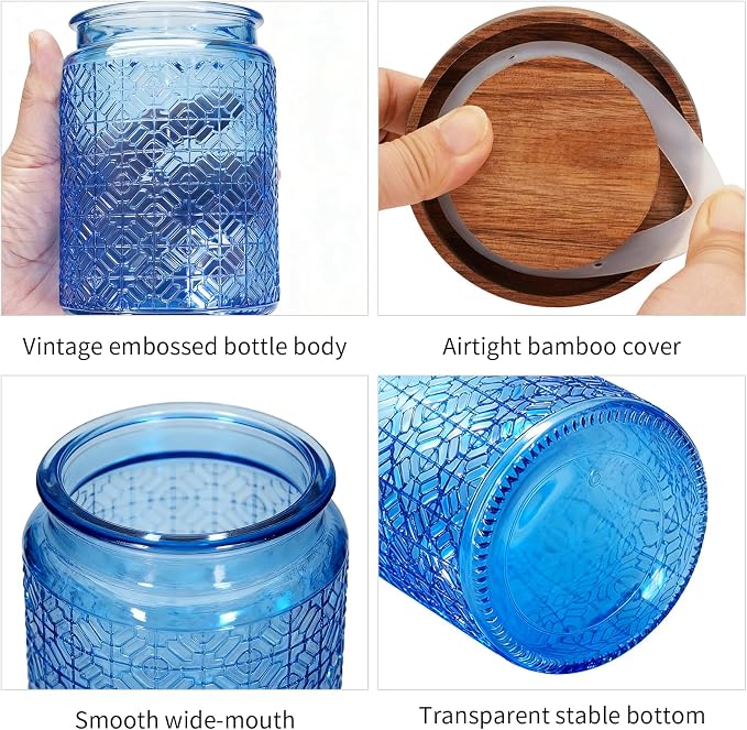 1Pc 24oz Window Style Vintage Glass Candy Jar with Solid Wood Lid, Kitchen Storage Canister for Sugar, Coffee, Tea, Cookies, Bath Salt - Decorative Mason Jar (1, Blue, 24oz) - Image 3