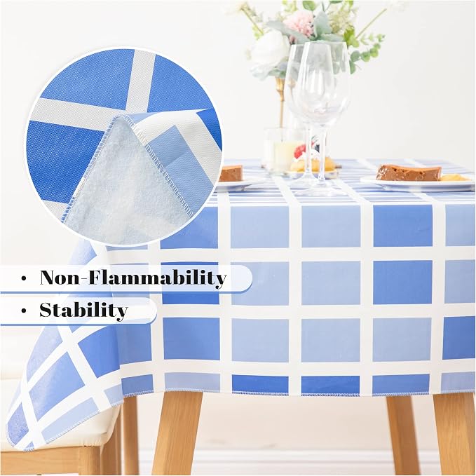 FIFTY FEET 84 * 60 Inch Rectangle Tablecloth, Vinyl Tablecloth with Flannel Backing for Rectangle Tables Waterproof, Plastic Picnic Table Cover for Dining Table/Buffet Parties/Camping(Blue Plaid) - Image 8