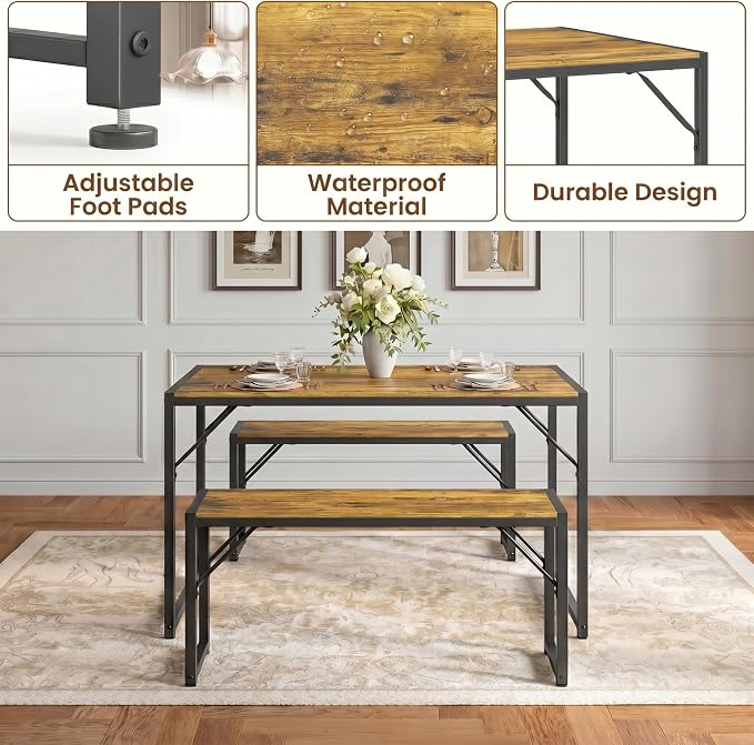 Bealife Dining Table Set for 4 with Metal Frame and MDF Board - Retro | Space Saving Kitchen Table with 2 Benches, Kitchen Table Set for Apartment, Dining Room, Breakfast Nook - Image 5