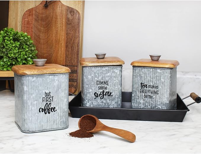 AuldHome Design Farmhouse Galvanized Canisters (Set of 3); Storage Containers for Coffee, Tea and Sugar in Galvanized Iron and Wood Design - Image 2