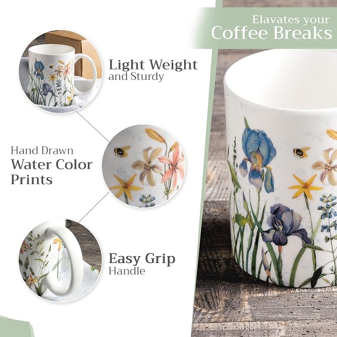 Maison d' Hermine Coffee Mug with Handles Tea Cups (12 Ounce, Pack of 2) | Fine Bone China Coffee Mugs for Hot Beverages Cappuccino Latte Home Restaurant Hotel Spring Summer -Fleurs De Mai - Image 5