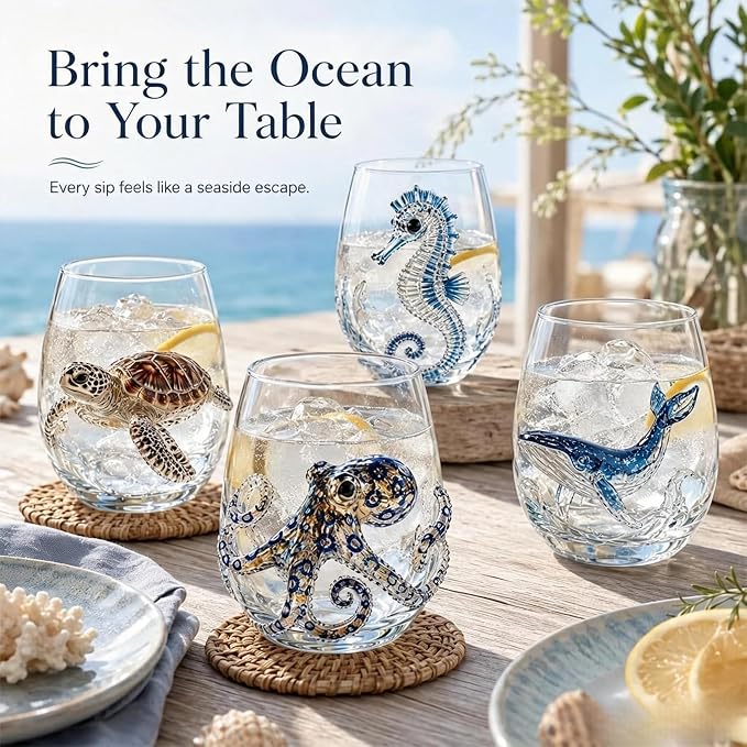 Novelty 3D Sculpted Ocean Life Stemless Wine Glasses, 12oz Embossed Sea Animal Glassware for Beverages, Premium Borosilicate Glass Beach Gifts (Whale) - Image 5