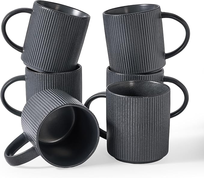 famiware Coffee Mug Set for 6, Star 16 oz Catering Mugs Cup Set with Handle for Coffee, Tea, Cocoa, Milk - Ceramic Stoneware Drinkware Set, Matte Dark Charcoal by Famiware
