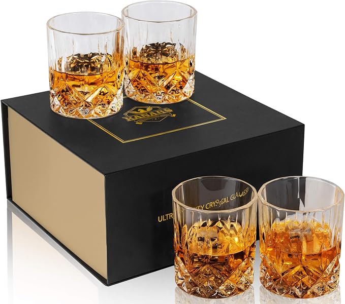 KANARS Old Fashioned Whiskey Glasses with Luxury Box - 10 Oz Rocks Barware For Scotch, Bourbon, Liquor and Cocktail Drinks - Set of 4 - Men Gift | Rocks Barware For Scotch, Bourbon, Liquor and Cocktail Drinks Set of 4 Men Gift by KANARS