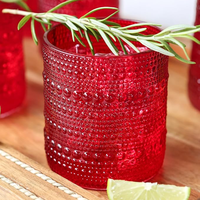 Kate Aspen Retro Arch Floral Red Drinking Glasses Set of 6, 10 oz Vintage Ribbed Glass Cups, Christmas Glassware & Holiday Drinkware, Valentine’s Day & Holiday Hostess Gift - Image 5
