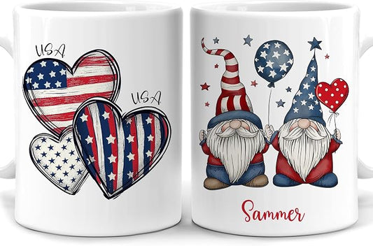 Hyturtle Personalized Gnome Mug Gifts For Women - 4th of July Mug | Gnome Lover Gift Ideas, Patriotic Gnomes, American Flag Red White Blue USA Custom Name 11oz White Ceramic Coffee Tea Cup by Hyturtle