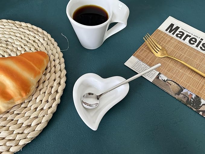 Coffee & Tea Spoon and Rest Set for Coffee Bar Accessories, Heart Cute Mini & Small Coffee Spoon Rest & Holder for Coffee Station & Bar, Teaspoon Rest & Holder (White Rest with Silver Spoon*2)