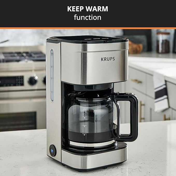 KRUPS Coffee Maker 10 Cups Simply Brew Stainless Steel Drip Coffee Maker, 900 Watts Coffee Filter, Drip Free, Dishwasher Safe Pot , Black & Silver | Pause & Brew mid-cycle pour, Keep Warm function, Reusable filter included, Drip-free dishwasher-safe gl... - Image 4