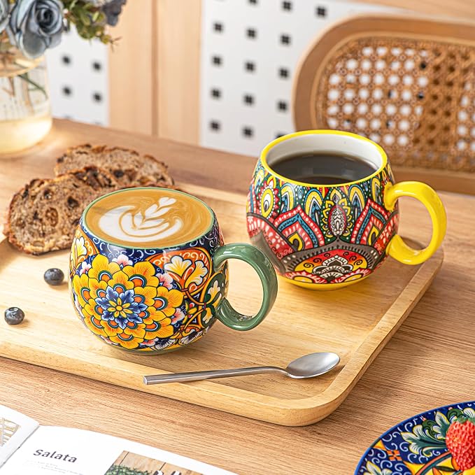 Henten Home Ceramic Coffee Mug Set of 6, 20 oz Colorful Coffee Cup with Handle, Boho Porcelian Mug for Cappuccino, Latte, Tea, Hot Chocolate, Cocoa, Microwave & Dishwasher Safe - Image 4