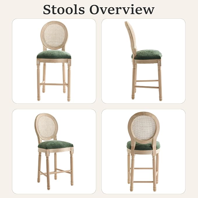 French Country Barstool, Linen Farmhouse Counter Height Chair | Set of 2, with Rattan Round Back and Solid Wood Legs, Oval Chairs for Restaurant, Bar, Kitchen, Café, Green - Image 6