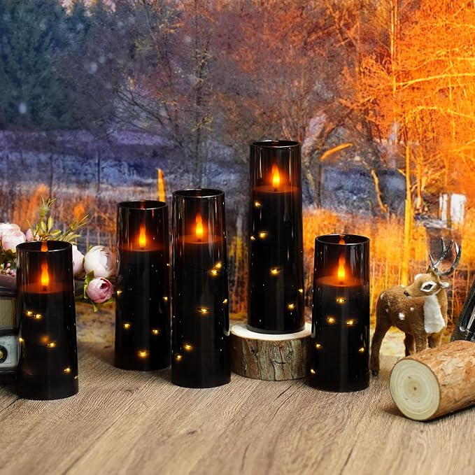 Flameless Candles,with Embedded Star String, Battery Operated Candles Flickering LED Pillar Candles with Remote Control and Timer, Home Decoration Add a Warm and Romantic Atmosphere，Set of 7 (Black) - Image 6