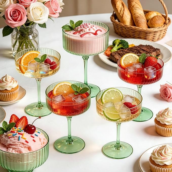 PLULON 12 Pcs Sage Green Coupe Martini Glasses Cocktail Champagne Cup 10 Oz | Ribbed Plastic Martini Espresso Glasses for Bar Drinking Gifts Wedding Birthday Party, Detachable Margarita Cup Glassware - Image 4