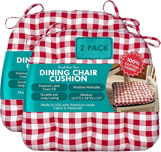 Barnett Home Decor Dining Chair Cushions with Ties - Size Medium 16.5x18, Latex Foam Fill, 100% Cotton, Machine Washable Chair Pads for Kitchen, Made in USA (Classic Check Red/Pack of 2) by BarnettHomeDecor