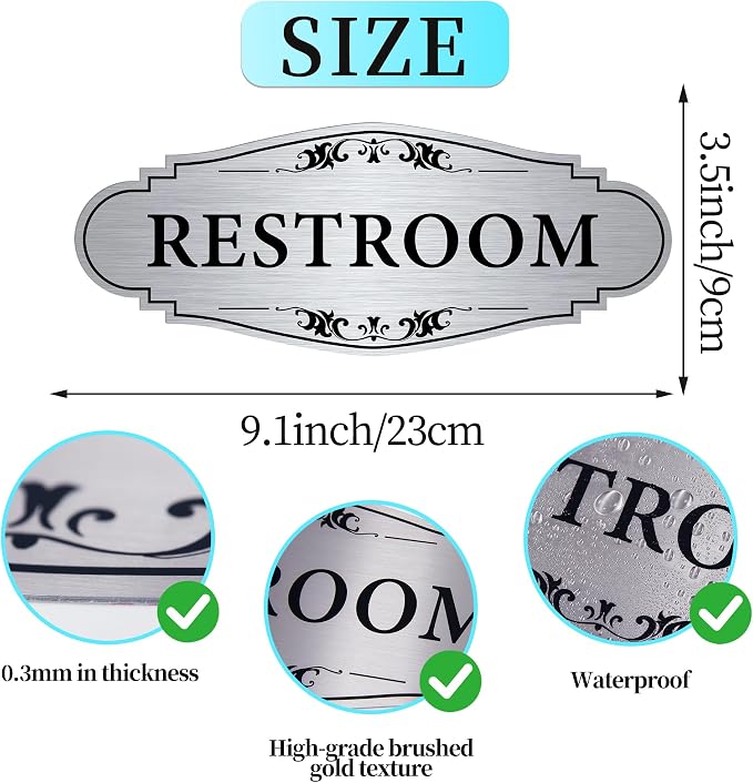 Restroom Sign Sticker for Business & Home, Self-Adhesive Brushed Silver Elegant Bathroom Signs for Door, Durable & Waterproof Unisex Restroom Signage for House Toilet, Office, Store, Shop - Image 2