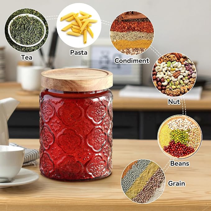 Comeon Vintage Glass Jar With Lid, Food Storage Container Set | Durable Glass Jar With Lid, Ideal For Kitchen And Office, Multipurpose Storage，Red Birchapple Flowers - Image 3
