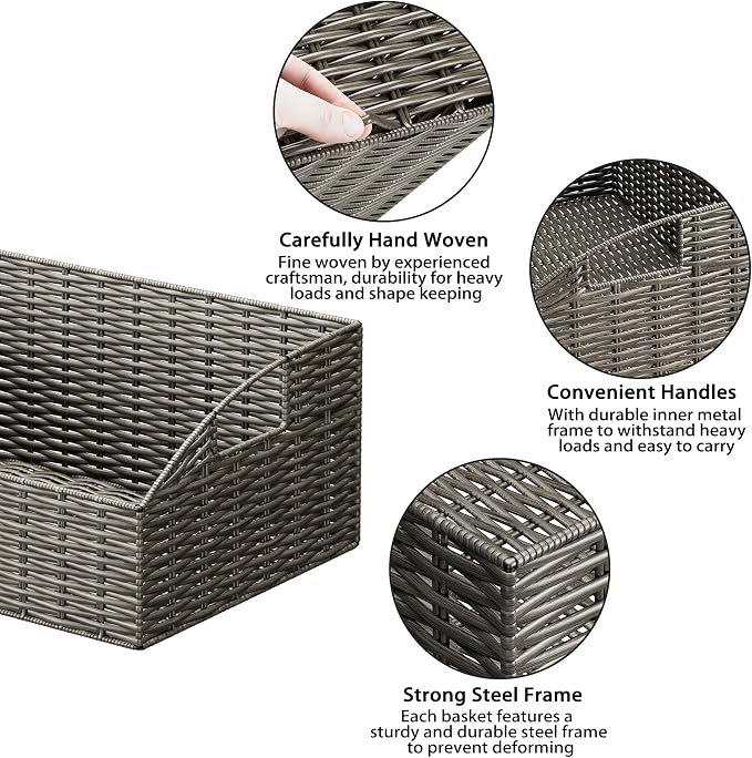 Pantry Baskets Organization, Wicker Storage Bin Shelf Grey | Handwoven Pantry Organizers and Storage with Built-in Handles, Laundryroom Organization Storage Bins for Snack Cans - Image 3