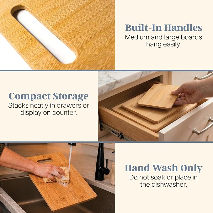 Totally Bamboo Cutting Board Set, 3 Reversible Cutting Boards for Kitchen | Small, medium & large bamboo boards for everyday meal prep. Smooth, knife-friendly surface for meat, produce, cheese & bread. - Image 6