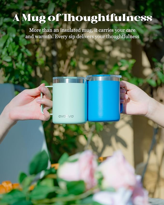 12oz Insulated Coffee Mug with Lid – Includes Two Lids, Stainless Steel Coffee Travel Mug with Handle, Double Wall Vacuum Insulated Camping Mug for Home, Office & Outdoor, Mint Green - Image 8