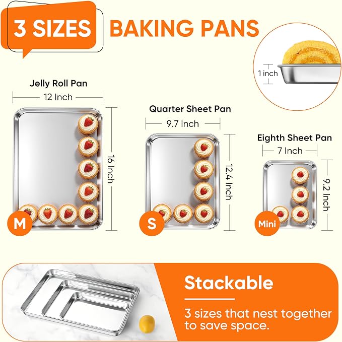 LIANYU Stainless Steel Baking Sheets, 16/12.4/9.2In Cookie Sheet Pan 3Pack | Jelly Roll/ Quarter Sheet/ Eighth Sheet, Toaster Oven Pan Cookie Baking Tray, Non Toxic, Heavy Duty, Dishwasher Safe - Image 2