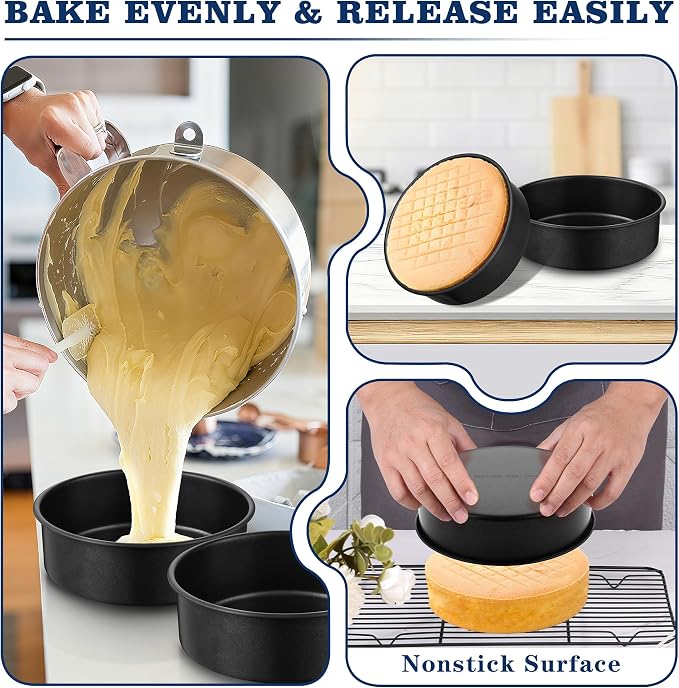 E-far 9 Inch Round Cake Pan Set of 3, Nonstick Stainless Steel Baking Pans Tin, Bakeware for Layer Cakes, Stainless Steel Core & Non-toxic Coating, Straight Side & 2 Inch Deep - Image 4