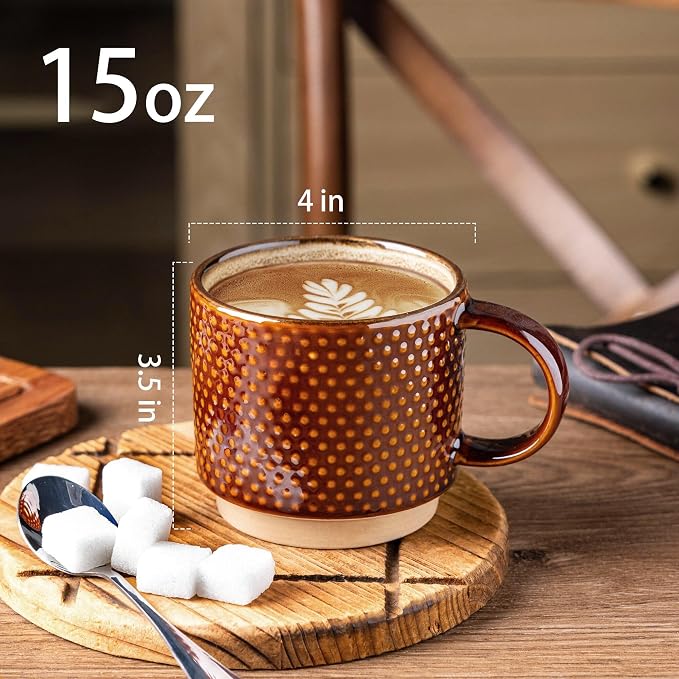 GBhome 15 OZ Stackable Coffee Mugs Set of 4, Ceramic Coffee Cups Set | 4 Assorted Designs, Embossed Mugs with Texture Patterns for Tea/Coffee, Dishwasher&Microwave Safe, Caramel - Image 2