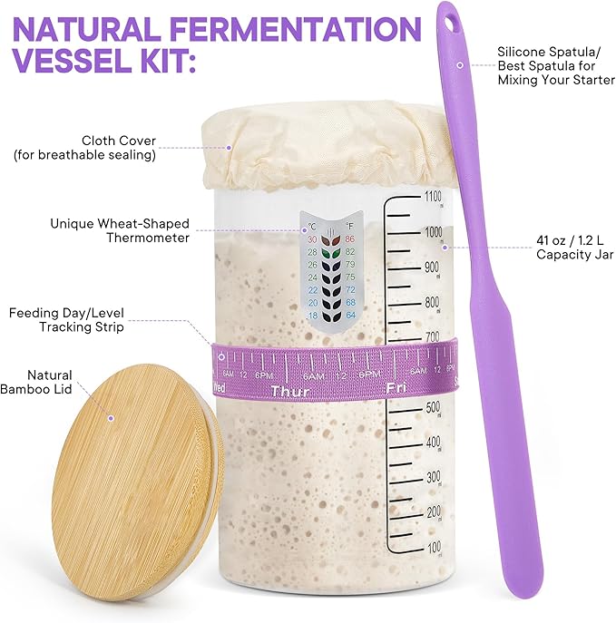Sourdough Starter Kit - 41OZ Glass Starter Jar, 2 Cotton Rope Banneton Bread Proofing Basket, Sour Dough Kit Tools Complete Sourdough Bread Baking Supplies - Great for Bakers Wife Mom