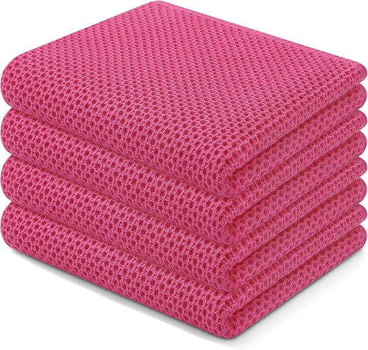 Homaxy 100% Cotton Waffle Weave Kitchen Dish Towels 4-Pack, Hot Pink | 13 x 28 Inches, Ultra Soft Absorbent Dish Towels, Quick Drying Cleaning Towels by Homaxy