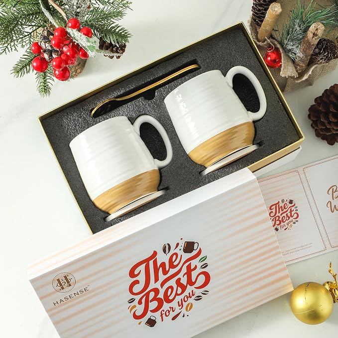 HASENSE Ceramic Couple Coffee Mug Gift Set, 20oz Mugs Set of 2 with Glaze Coasters & Gold Spoons |Unique Engagement, Bridal Shower, Wedding & Housewarming Gift for Newly Engaged, Bride and Groom White - Image 3