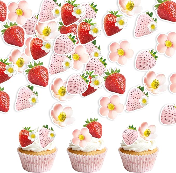 72Pcs Edible Strawberry Cupcake Toppers Wafer Paper Strawberry Flower Bridal Engagement Baby Shower Kids First Birthday Party Cake Decorations Supplies by Unknown