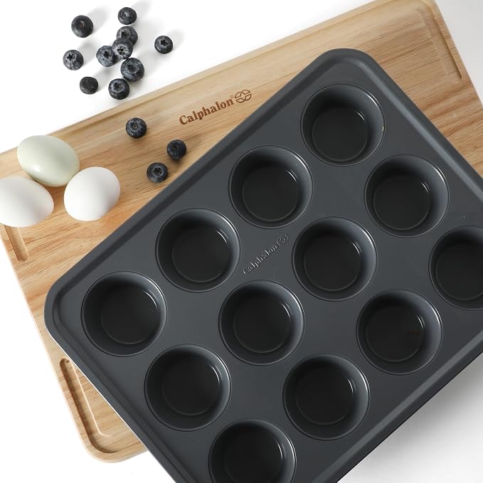 Calphalon Legacy 12 Cup PFA Free Nonstick Cupcake Muffin Pan Baking Pan in Blue, Heavy Gauge Steel Bakeware for Even Heating, Oven Safe Muffin Tray for Cupcakes - Image 3
