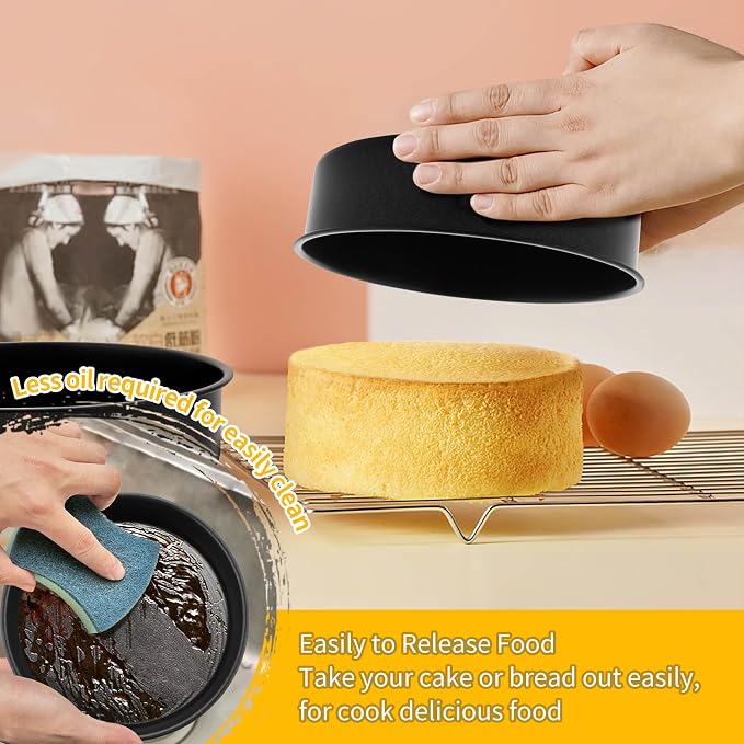P&P CHEF 6 Inch Cake Pan Set, Non-stick Baking Pans for Cake, 2Pcs | Round Cake Baking Tins for Tier Smash Cakes, Bread, Non-Toxic & Solid, Stainless Steel Core & Leak-Proof, Black - Image 4