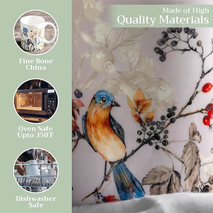 Maison d' Hermine Coffee Mug with Handles Tea Cups (15 Ounce, Pack of 1) | Fine Bone China Coffee Mugs for Hot Beverages Cappuccino Latte Home Restaurant Spring Summer -Equinoxe - Grey - Sparrows - Image 3