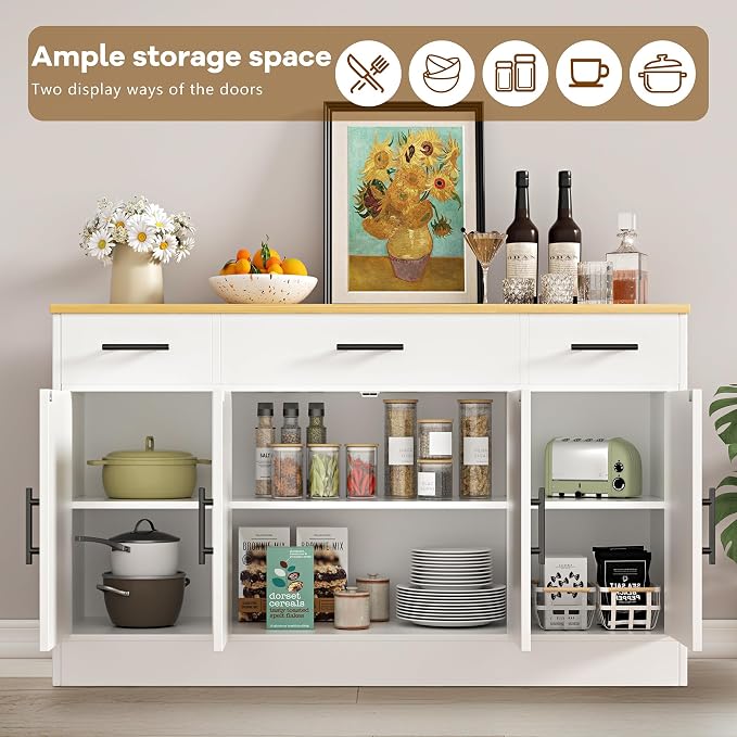 Vongrasig 53” Sideboard Buffet Cabinet with with Storage | Large Farmhouse Coffee Bar Cabinet with 4 Doors and 3 Drawers for Kitchen, Living Room, White - Image 4