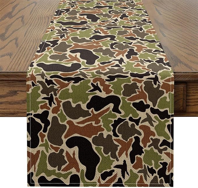 13" x 120" Duck Camouflage Table Runner Boys Girls Camo Hunting Kitchen Dining Decoration for Home Party for Kids Military Style Home Decor for Living Room Dresser Scarfs for Bedroom Green Brown by jejeloiu