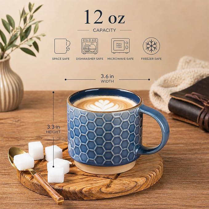 GBhome 12 OZ Stackable Coffee Mugs Set of 6, Ceramic Coffee Cups Set | 3 Assorted Designs, Embossed Mugs with Texture Patterns for Tea/Latte/Cappuccino, Dishwasher&Microwave Safe - Image 3