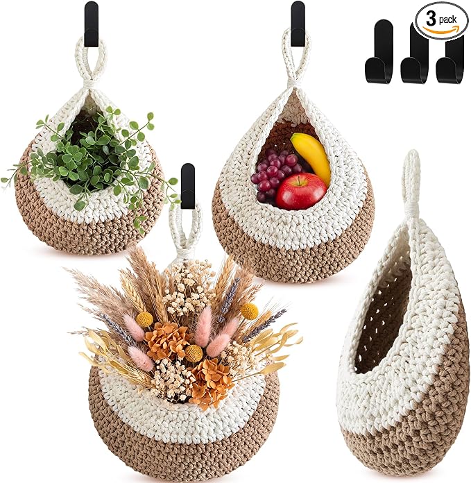 Honeydak Boho Decor Hanging Wall Baskets for Kitchen 3 Pack Teardrop Baskets with Hooks Storage Fruit Onion Vegetable Potato for Home 3 Sizes(White with Light Linen,Teardrop,Cotton Rope) by Honeydak