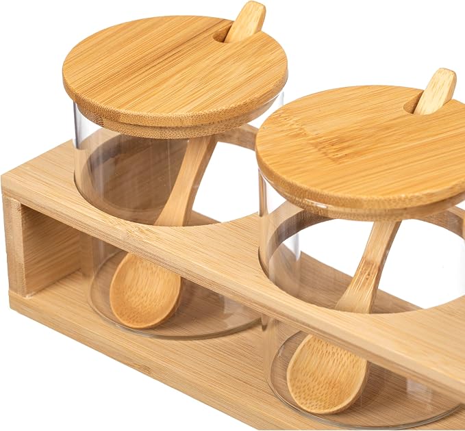 Basicwise 3-Piece Glass Containers with Bamboo Lids and Tray Holder – Decorative Storage for Condiment Pots and Spice Jars - Coffee Station Accessories, Perfect Organizer for Home Kitchen or Café - Image 5