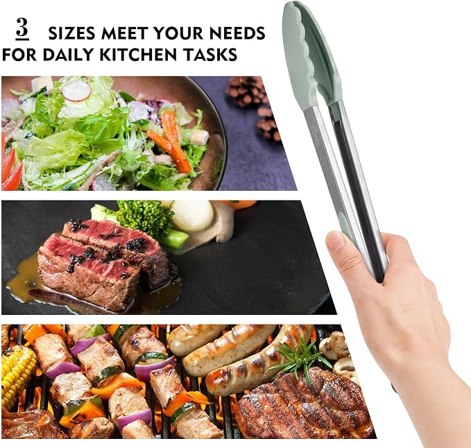 HOTEC Premium Stainless Steel Locking Kitchen Tongs with Silicon Tips, Set of 3-7", 9" and 12" (Light Green) - Image 4