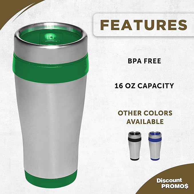 DISCOUNT PROMOS Insulated Stainless Steel Travel Mugs 16 oz. Set of 10, Bulk Pack - Perfect for Coffee, Soda, Other Hot & Cold Beverages - Green