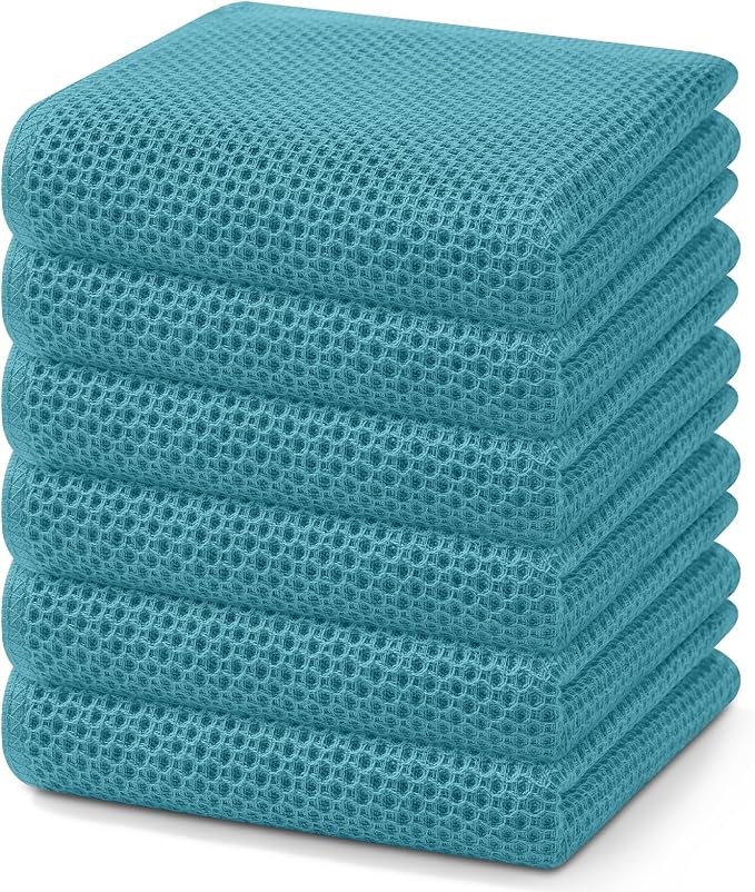 Homaxy 100% Cotton Waffle Weave Kitchen Dish Towels 6-Pack, Lake Blue | 13 x 28 Inches, Ultra Soft Absorbent Dish Towels, Quick Drying Cleaning Towels by Homaxy