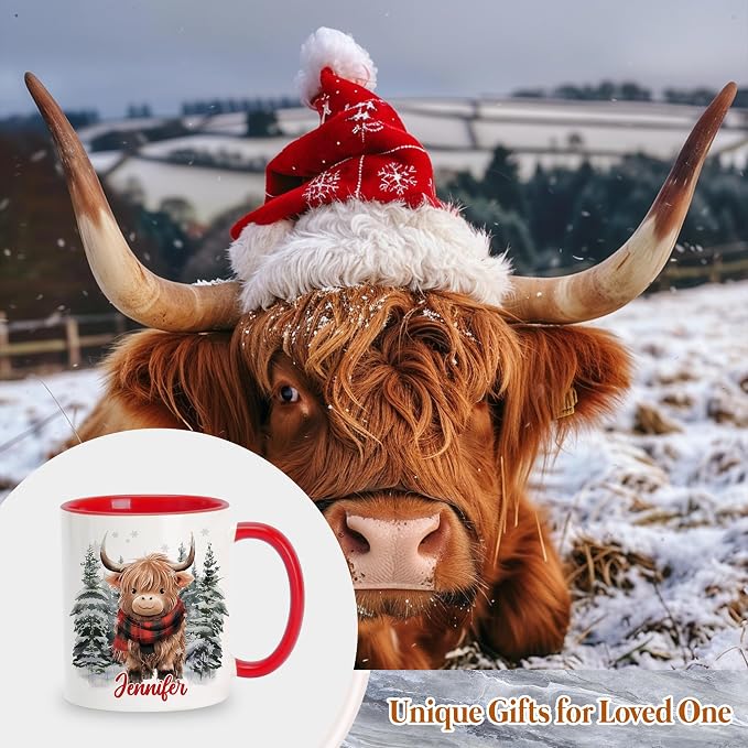 Hyturtle Personalized Winter Highland Cow Coffee Mug for Christmas Birthday | Highland Cow Lovers Gift Ideas for Women Men - 11oz Two Tone Color Red/White Ceramic Tea Mug Cup, Comfort grip handle - Image 5