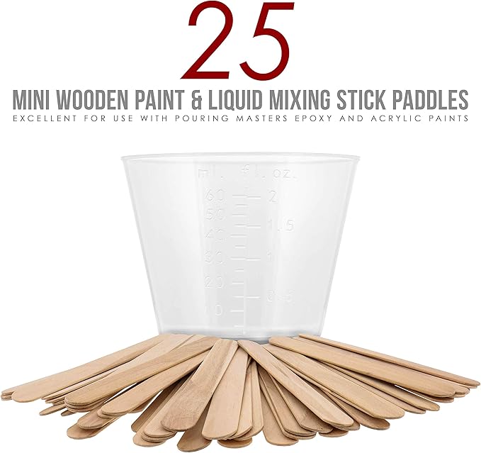 Pouring Masters 2 Oz (60 ml) Liquid Measuring Cups - Plastic Graduated Cup (100 Pack) with 25 Sticks - Reusable Mixing Cups for Paint, Craft, Kitchen, Lab, Medical Supplies, Epoxy Resin, Art