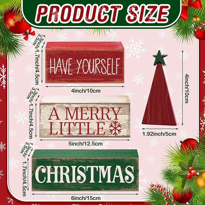 Moucuny 4 Pcs Christmas Decor Wooden Christmas Tree Winter Tiered Tray Decor Xmas Table Centerpiece Rustic Decorative Tree Block Signs Gift Farmhouse Winter Table Decoration for Home Kitchen - Image 3