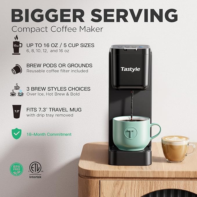 Tastyle Single Serve Coffee Maker Hot and Iced with Bold Brew, Up to 16 Oz | for K Cup and Ground, Fits 7.3'' Travel Mug, 5 Cup Sizes, Compact for Office, RV& Hotel, K320, 3.0 Version, Black - Image 2
