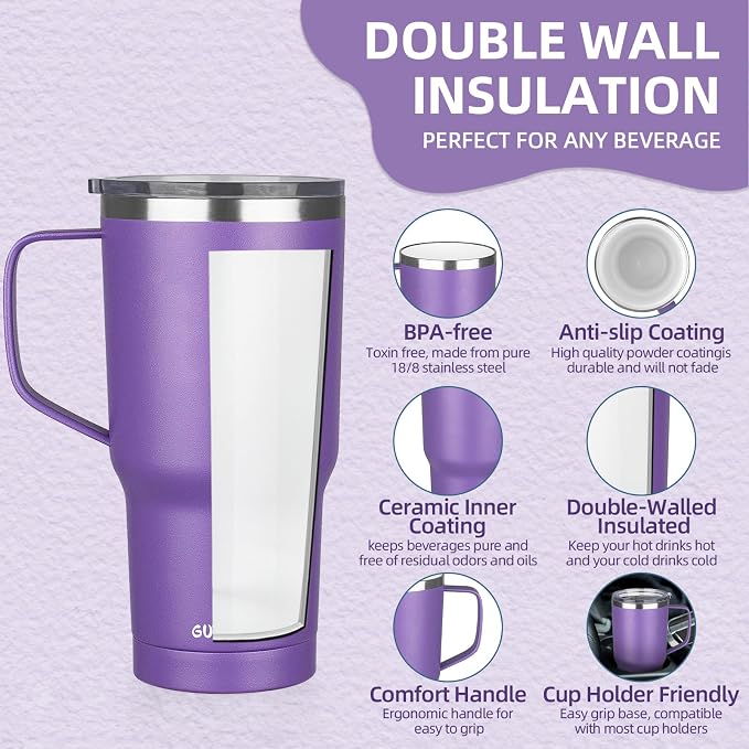 20 oz Insulated Coffee Mug with Ceramic Coating, Stainless Steel Travel Mug Tumbler with Handle Lid and Straw, Double Wall Leak-Proof Coffee Travel Mug Keeps Drink Hot and Cold (Purple) - Image 3