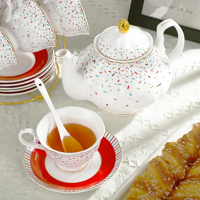 fanquare 21-Piece Colorful British Porcelain Tea Sets, 6 Cups and Saucers Set for Party, Rainbow Sprinkle Sugar Pattern Coffee Set for Adults, Birthday, Holiday, Celebrations - Image 4