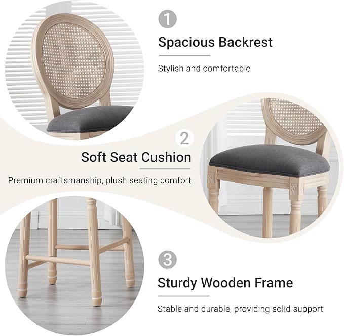 French Country Barstool, Linen Farmhouse Counter Height Chair | Set of 2, with Rattan Round Back and Solid Wood Legs, Oval Chairs for Restaurant, Bar, Kitchen, Café,Dark Grey - Image 5