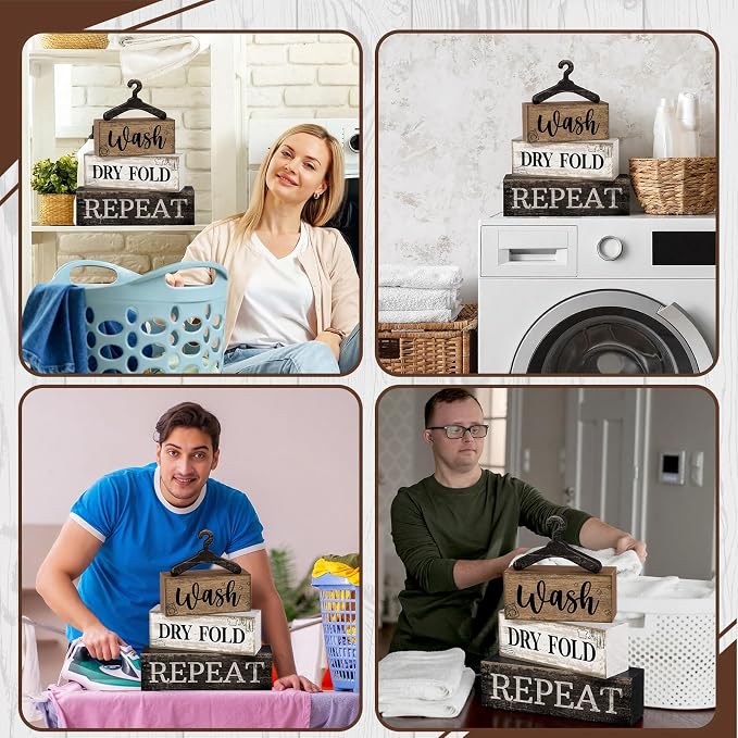 Moucuny 4 Pcs Farmhouse Laundry Room Decor Stacked Blocks, Wash Dry Fold Repeat Wooden Sign Set with Vintage Hanger - Rustic Home Shelf Decor for Laundry Area Housewarming Gift - Image 5