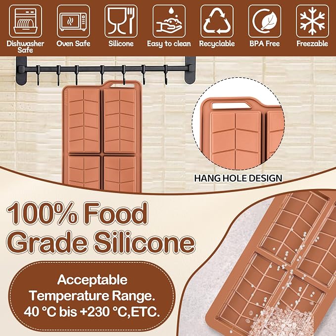 Dubai Chocolate Molds 0.82 Inch Deep,Silicone Chocolate Bar Mold Non-Stick Flexible Thick Homemade Chocolates Candies and Desserts 1pcs(Brown) - Image 5