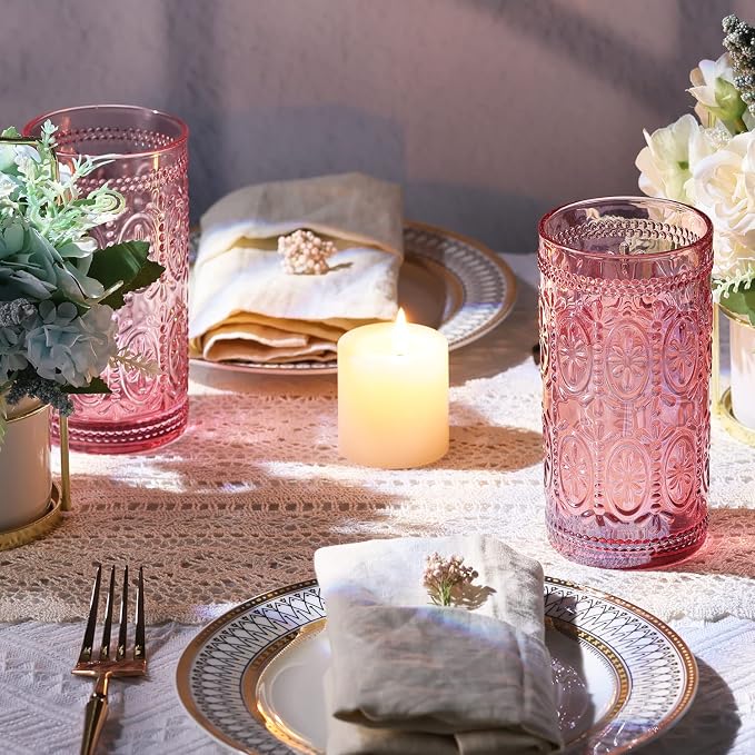 Darlion Vintage Glassware, Pink Glasses Drinking, 12oz Highball Glasses | Lead-Free Glass, Food Grade Glass, Durable&Sturdy, Vintage Decoration - Image 6